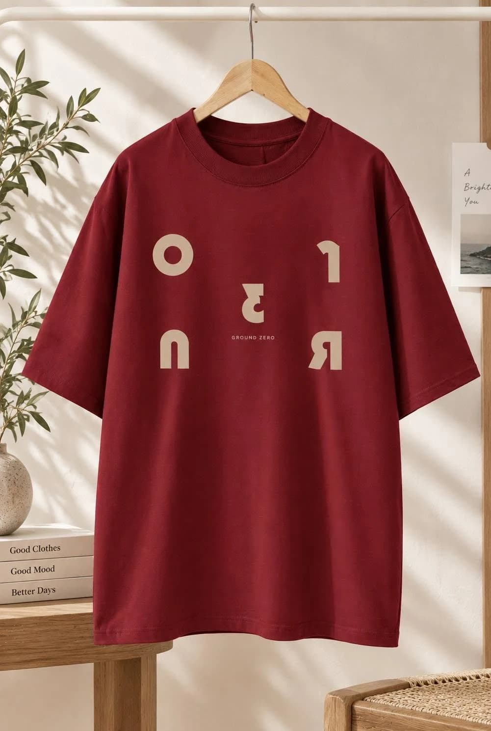 Áo Thun Unisex Đỏ Đô In Chữ Graphic Tối Giản — ảnh 2