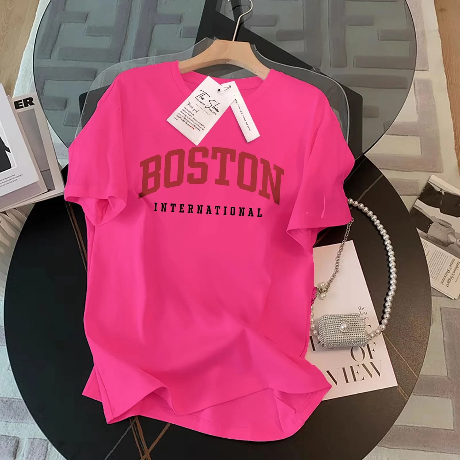 ÁO THUN SUÔNG HỌA TIẾT Boston đen