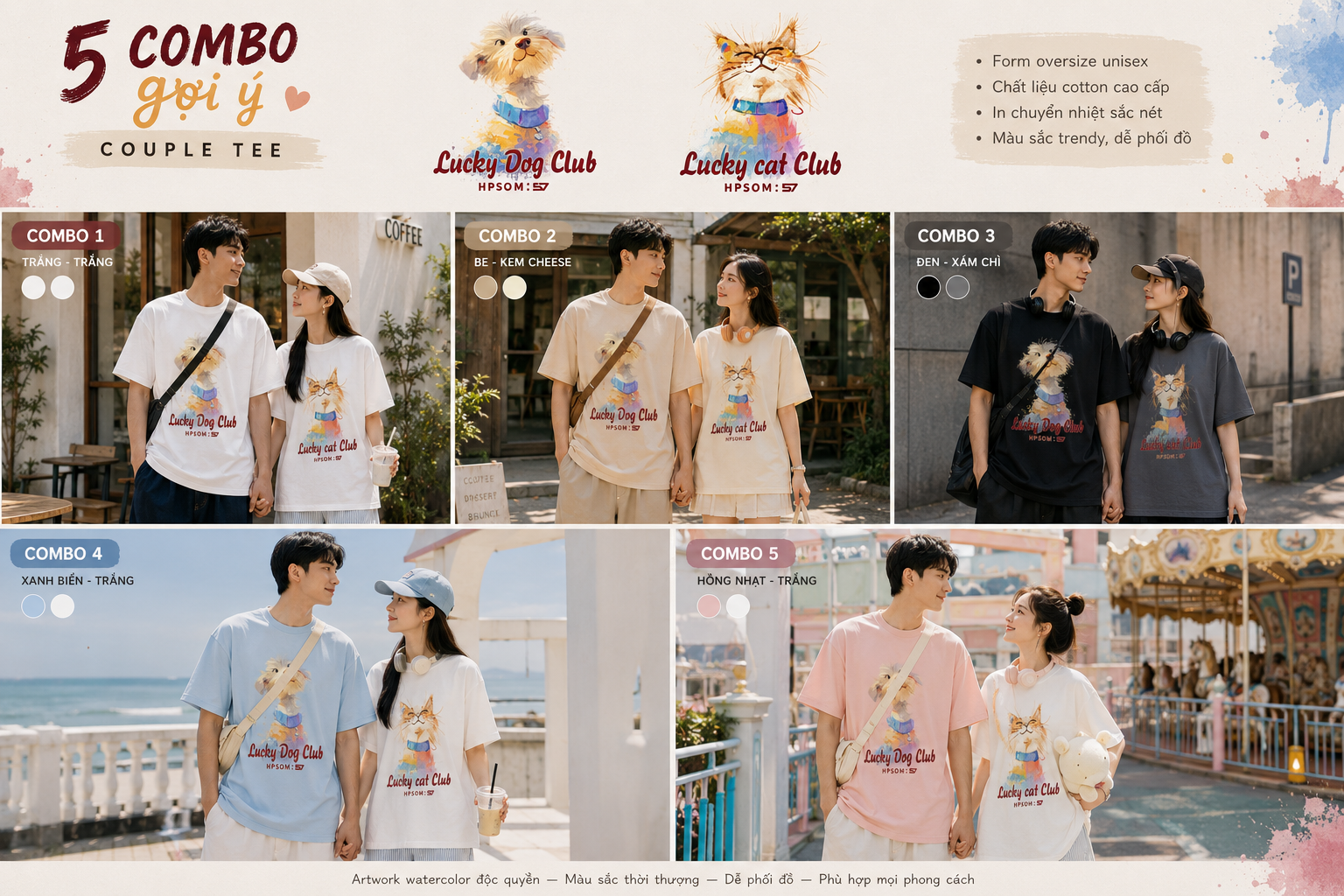 Áo Đôi lucky dog cat form oversize